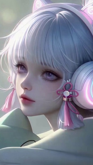 蓝发猫耳耳机二次元美少女