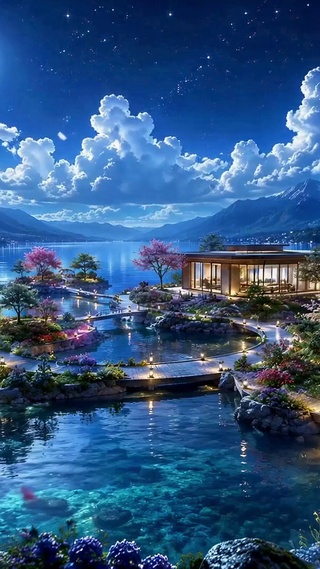 月夜湖畔梦幻樱花小岛