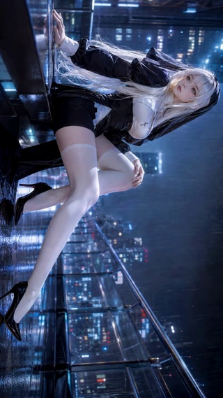 雨夜都市银发修女美少女