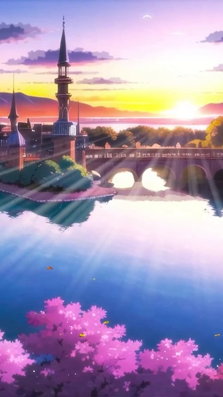 插画海边夕阳小镇