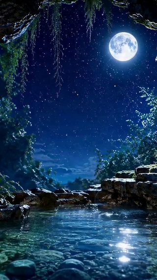 月夜洞穴静谧溪流