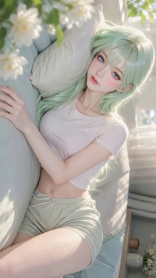 清新浅绿发居家美少女