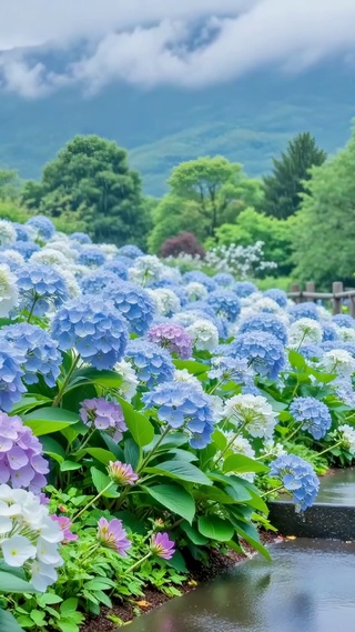 雨后山间的绣球花径