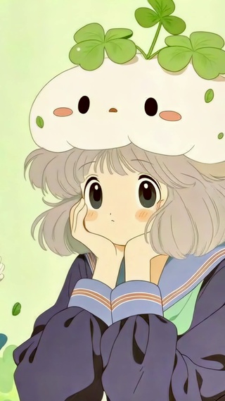 三叶草里的云朵帽少女