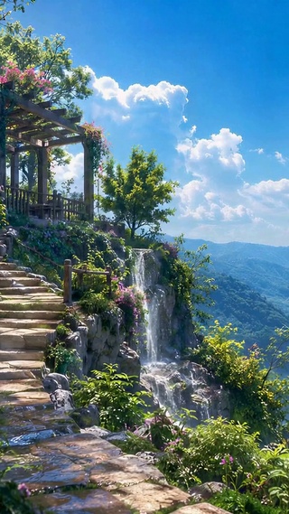 晴空山间瀑布唯美风景