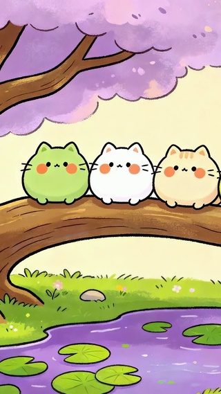 萌猫排排坐紫花树下