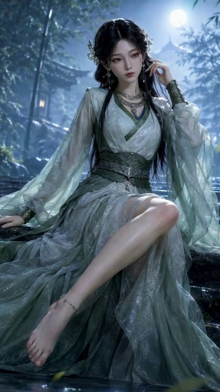 月夜竹林古风汉服美女