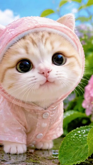 绣球花下的雨衣猫猫