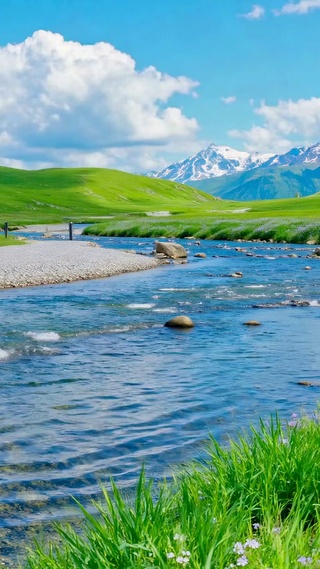 清新治愈河谷远山自然风景