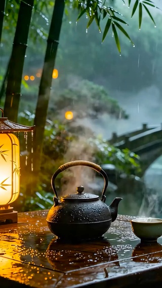 国风园林雨景