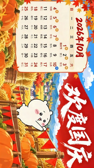 欢度国庆2026十月日历