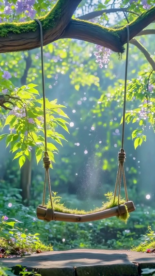 林间紫藤花下的秋千