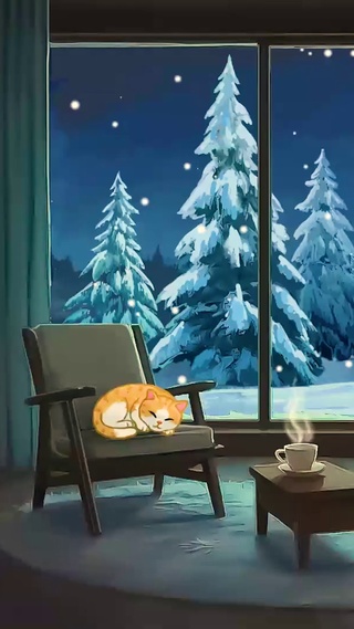 温馨小猫雪景房间