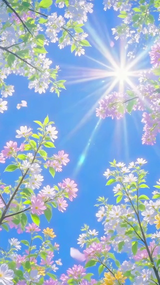 蓝天下的春日繁花