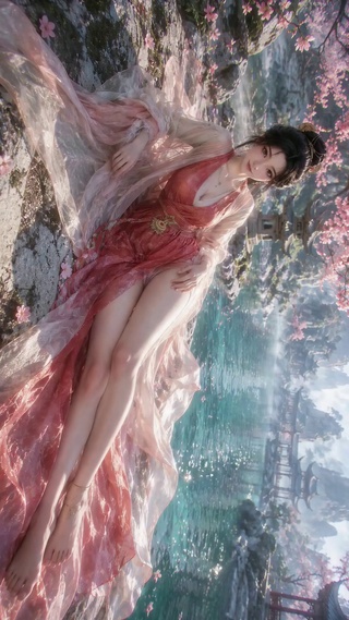 樱花湖畔古风汉服美女