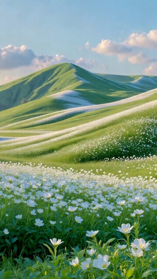 绿野白花山峦