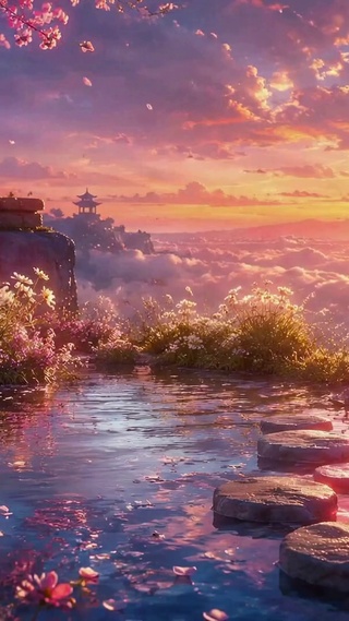 梦幻日落樱花云海美景