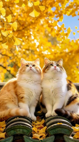 两只猫咪秋日银杏屋顶