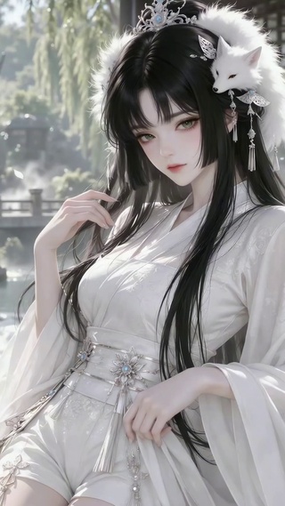 古风白狐少女园林凭栏