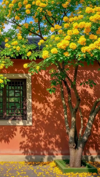 秋日红墙黄花古风庭院美景