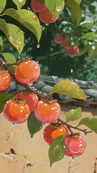 古墙雨中红柿