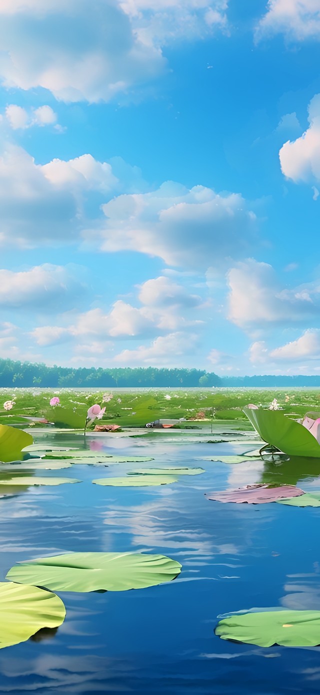 蓝天下的荷花池