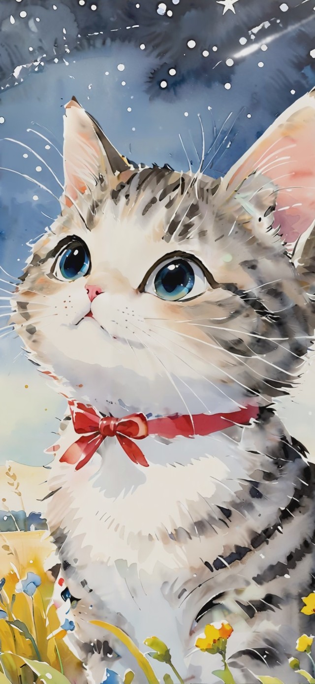 竖屏水彩水墨夜晚看着月亮的猫咪