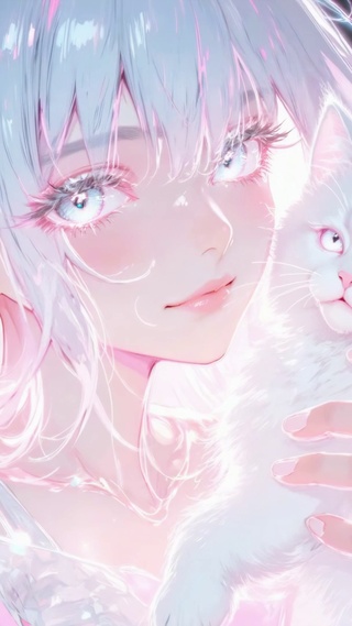 荧光白毛少女和猫