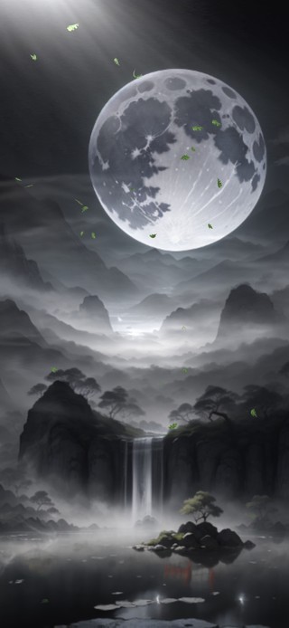 古风月夜瀑布
