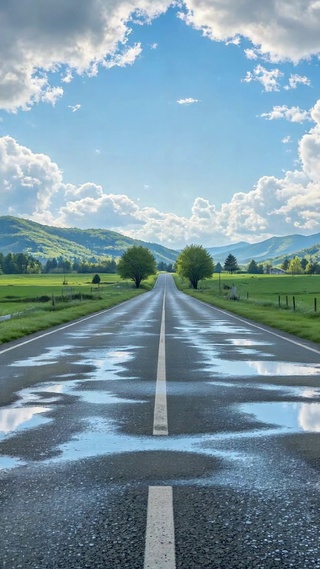 雨后乡间公路，云影映水洼