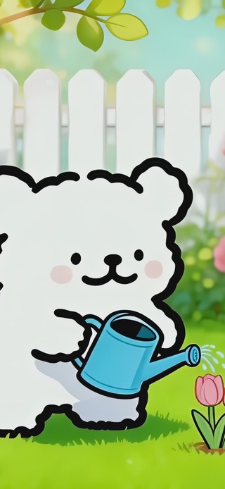 可爱线条小狗的春日花园