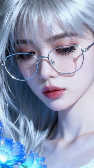 蓝光花丛银发眼镜美女