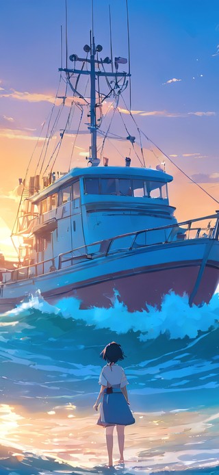 夕阳海中盼归船的少女