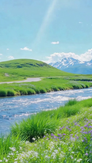 清新治愈远山河流草地风光
