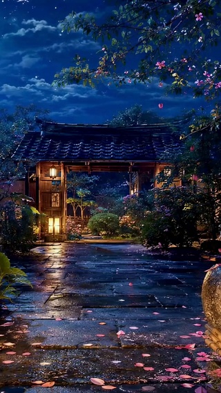 静谧月夜古风庭院夜景