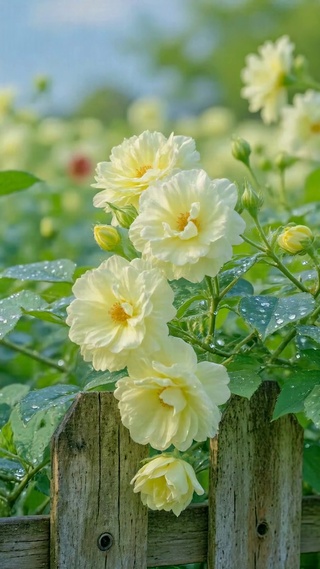 雨后清新淡黄蔷薇花田