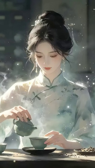倒茶的国风水墨旗袍少女