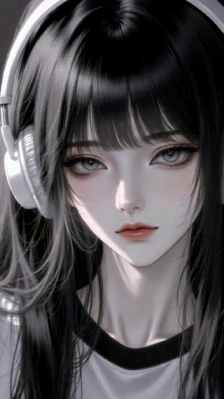 窗边戴耳机的二次元美少女