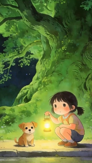 夜景女孩与萌宠狗