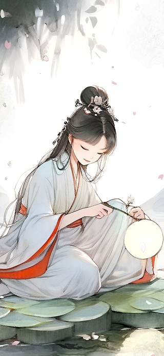 月下池边掌灯少女