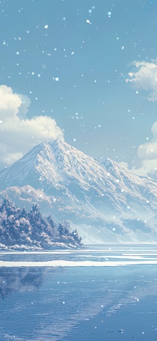 白雪覆盖的冬日湖泊
