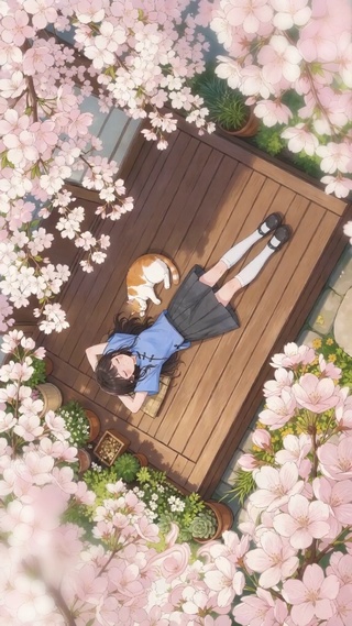花下休憩的少女