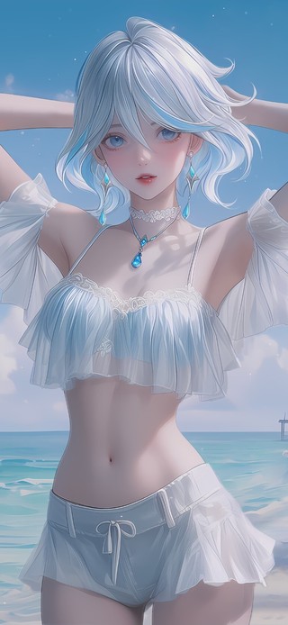 4k海边纯白少女