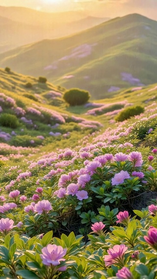 落日山间粉色花海