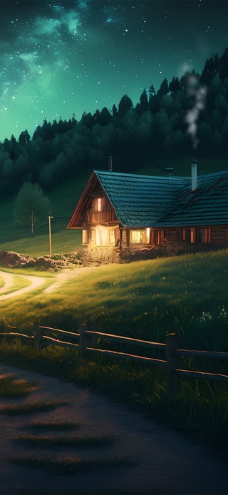 唯美夜晚森林小屋
