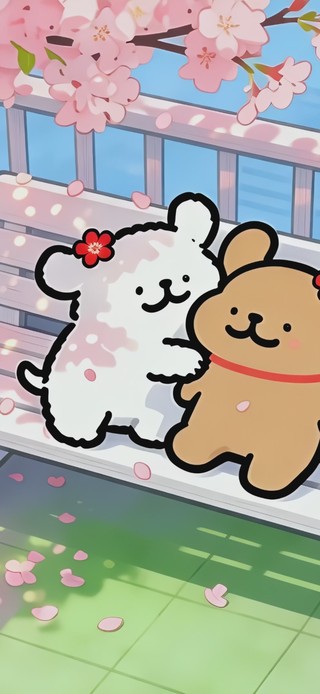 可爱樱花树下线条小狗