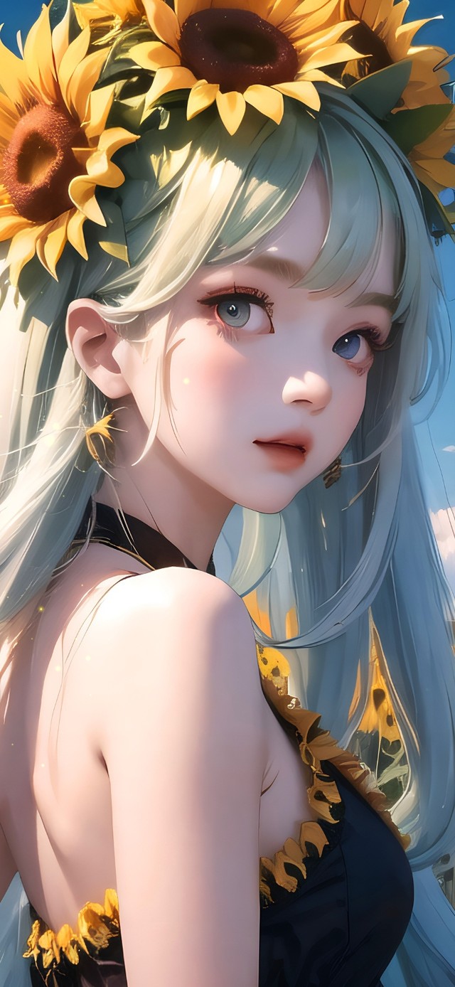 4k蓝天向日葵女孩