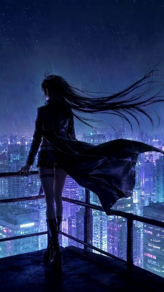 赛博雨夜都市天台长发少女
