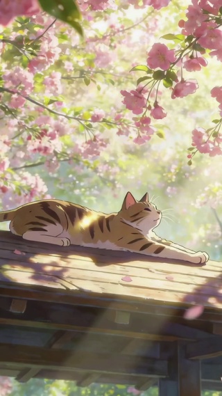 樱花暖阳下小憩的猫咪