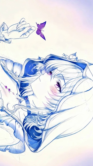 蓝线画指尖紫蝶少女